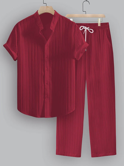 Men's Summer Casual Outfit Set - Striped Short Sleeve Shirt & Drawstring Pants - Buy Center US