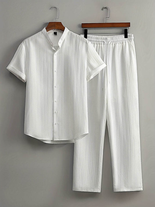 Men's Summer Striped Suit Set - Short Sleeve Shirt & Drawstring Pants - Buy Center US