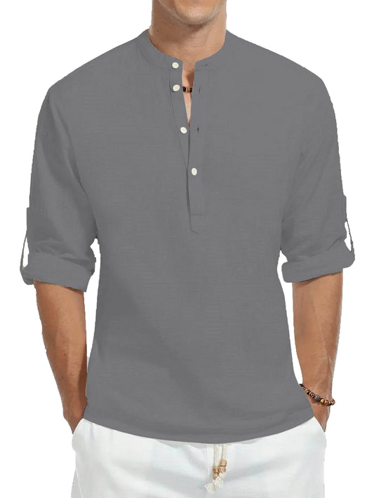 Men's 100% Cotton Long Sleeve Shirt - Casual Solid Color Stand Collar - Buy Center US
