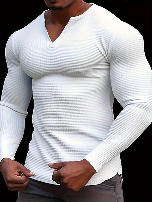 Men's Waffle V Neck Long Sleeve Active T-shirt - Comfy Casual Wear - Buy Center US