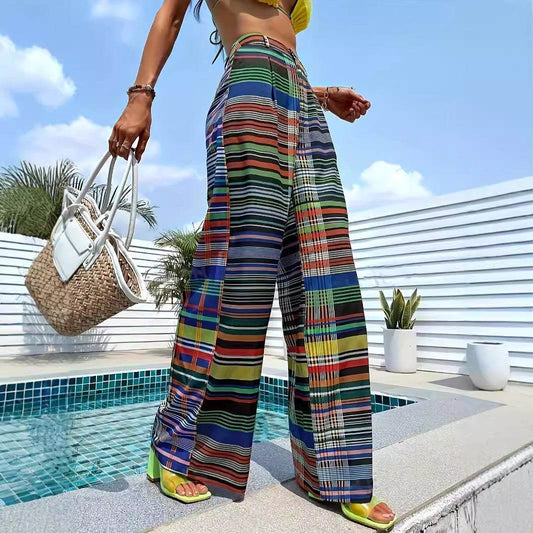 Color Printed High Waist Trousers - Casual Wide Leg & Comfortable Fit - Buy Center US