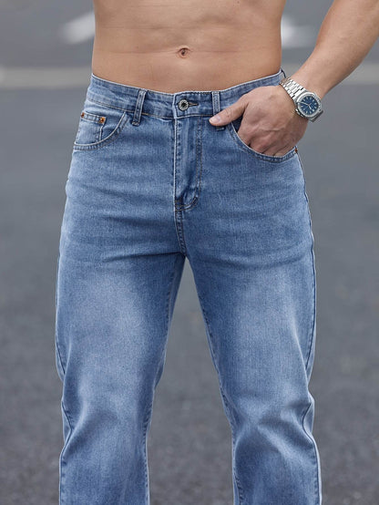 Men's Light Blue Washed Jeans - Relaxed Fit, High-Quality Cotton Blend - Buy Center US
