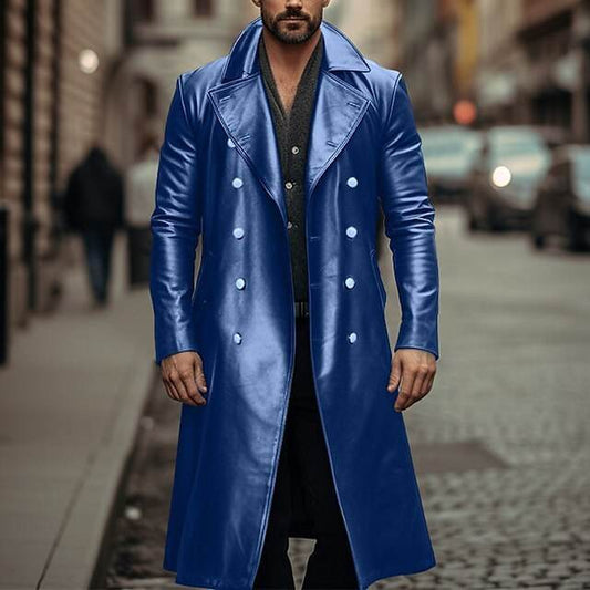 Buycenter Men's Double-Breasted Long Trench Coat - Leather Style & Sizes - Buy Center US