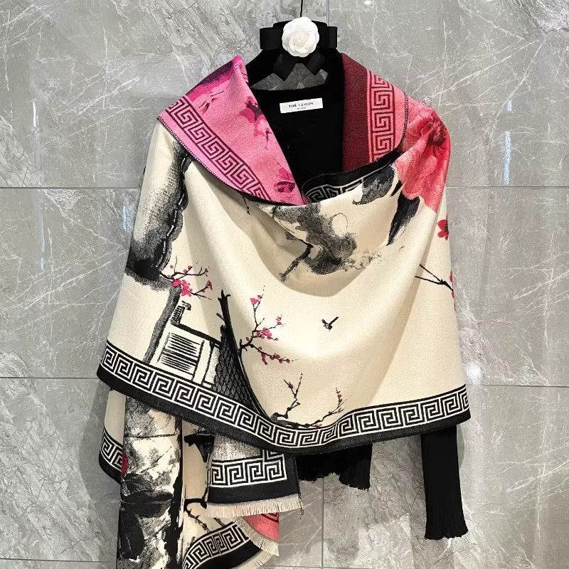 Chinese Aesthetic Ink Painting Shawl - Warm Cotton Scarf for Winter - Buy Center US