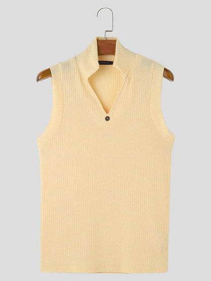 Men's Casual Ribbed Knit Sleeveless Shirt - Lapel Collar Button-Up Tank - Buy Center US