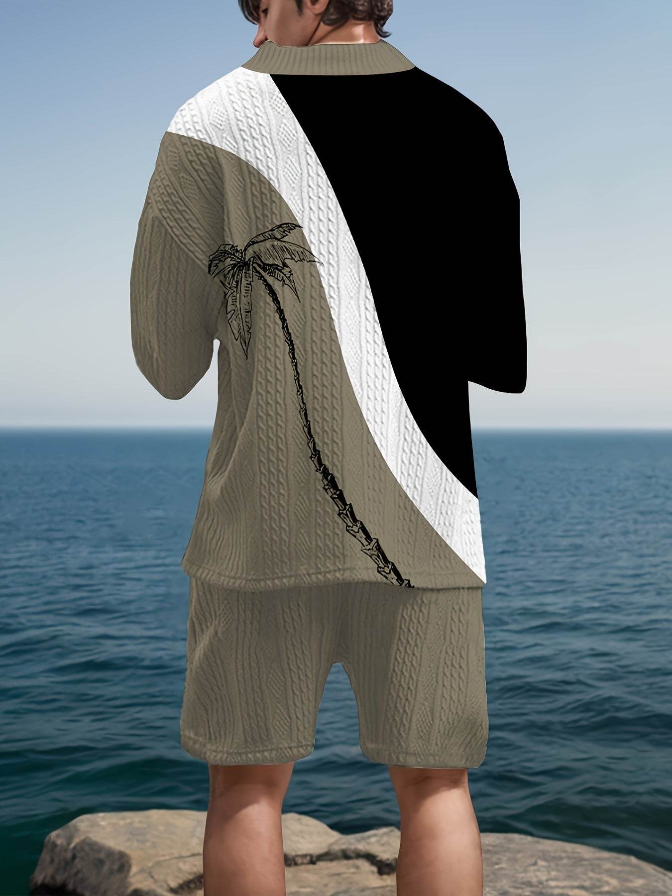 Men's Casual Knit Sweater Set - V-Neck & Drawstring Shorts in Black/Olive - Buy Center US