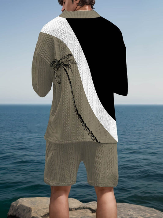 Men's Casual Knit Sweater Set - V-Neck & Drawstring Shorts in Black/Olive - Buy Center US
