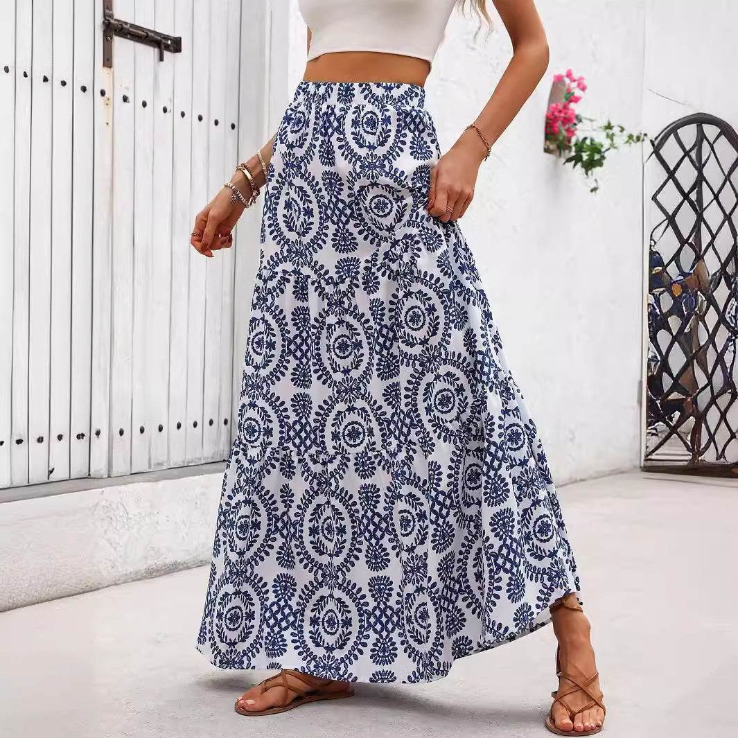 Stylish A-Line Swing Skirt - Blue and White Porcelain Print, Sizes S-XL - Buy Center US