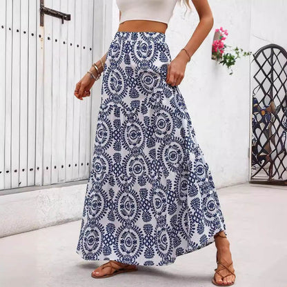 Stylish A-Line Swing Skirt - Blue and White Porcelain Print, Sizes S-XL - Buy Center US