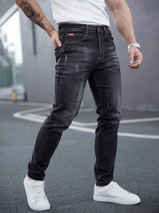 Men's Slim-Fit Washed Jeans - Stretch Denim for All Seasons, Casual Style - Buy Center US