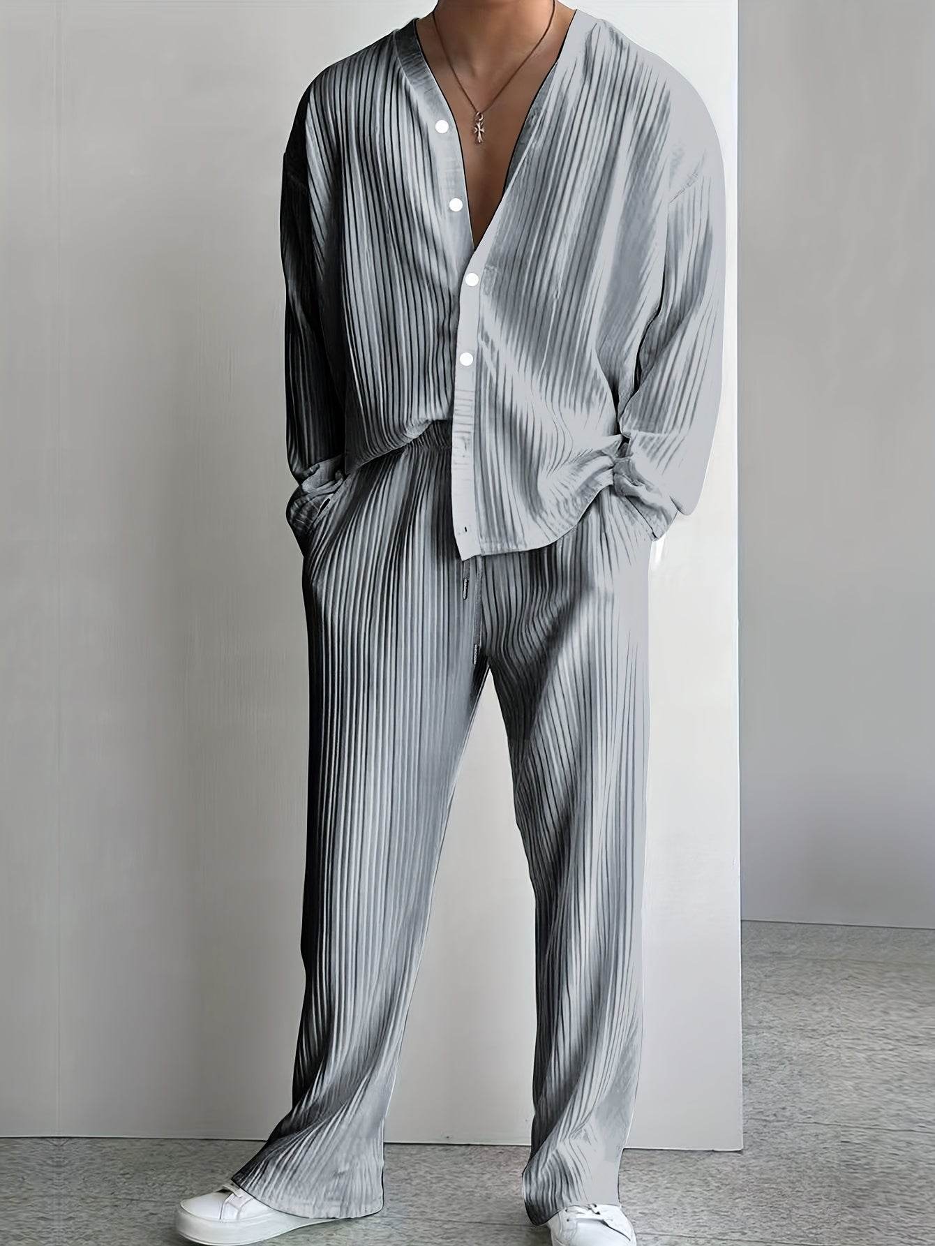 Men's Elegant Striped Button-Up Shirt & Pants Set - V-Neck Beach Attire - Buy Center US