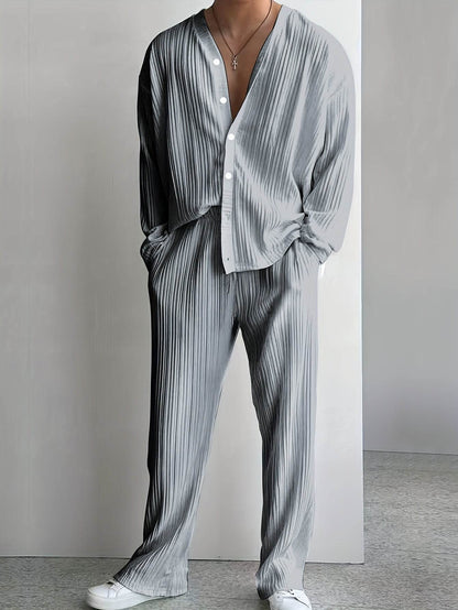 Men's Elegant Striped Button-Up Shirt & Pants Set - V-Neck Beach Attire - Buy Center US