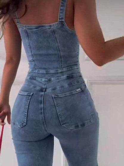 Elegant Sleeveless Denim Jumpsuit with Patchwork Design - Full-Length Fit - Buy Center US