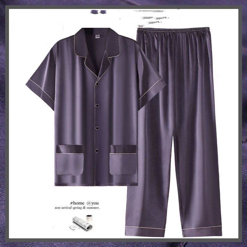 Buycenter Men's Summer Short Sleeve Trousers Suit - Thin Ice Silk Homewear - Buy Center US