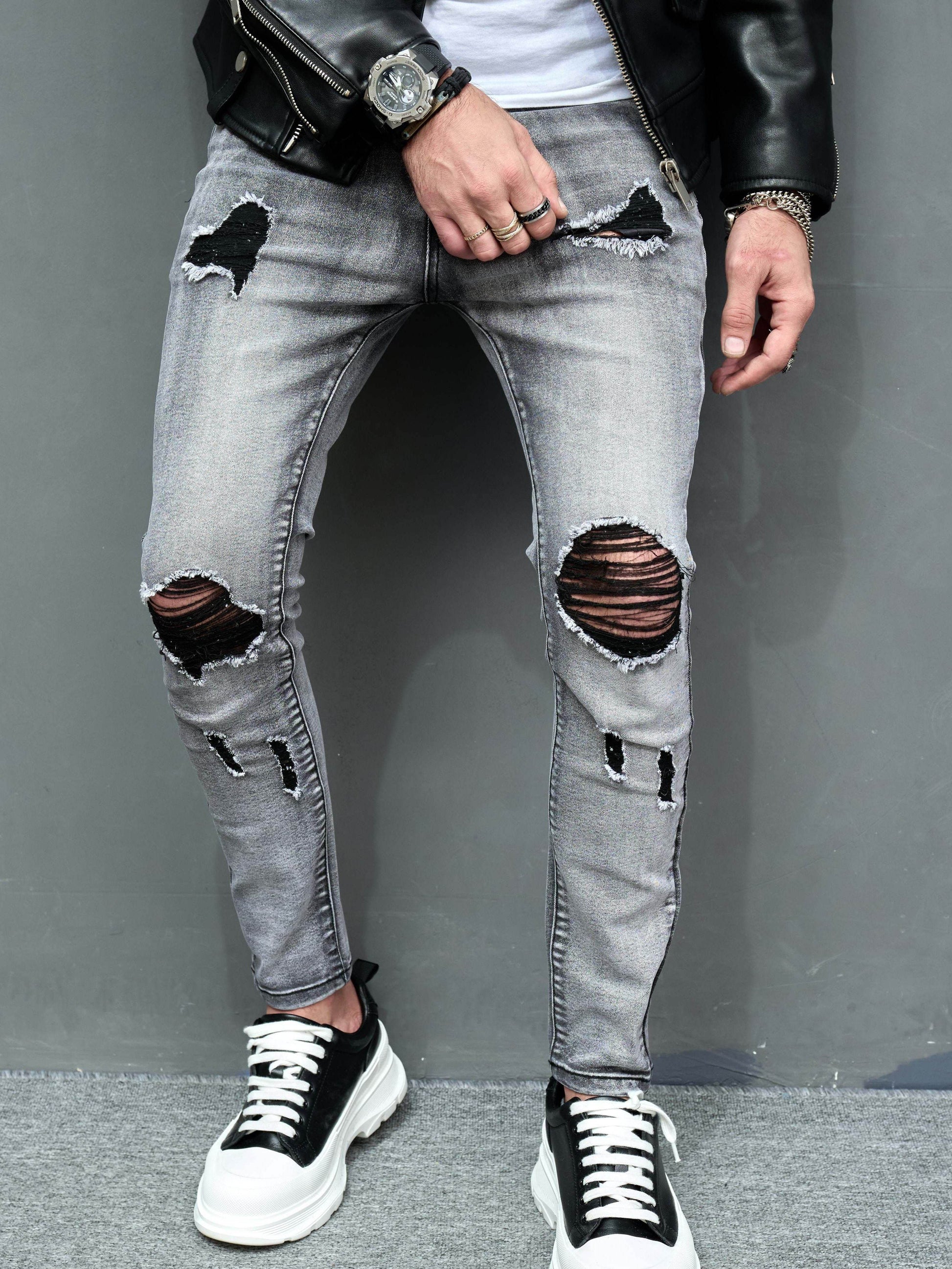 2023 Retro Distressed Knee Ripped Jeans - Light Blue Cotton Slim Fit - Buy Center US