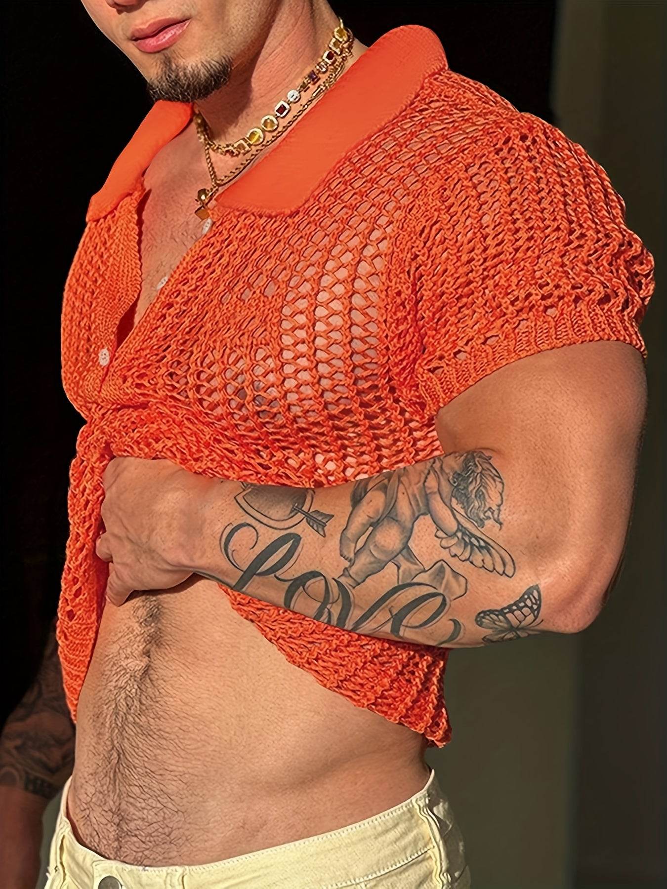 INCERUN Men's Bright Orange Mesh Shirt - Sheer Short Sleeve Collared Top - Buy Center US