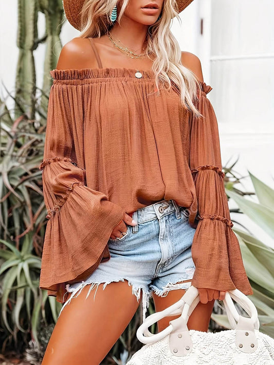 Elegant Women's One Shoulder Flared Sleeve Shirt - Solid Color Casual Wear - Buy Center US