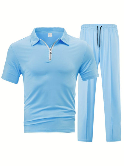 Men's Casual Knit Set - Zipper Short Sleeve Shirt & Drawstring Pants - Buy Center US