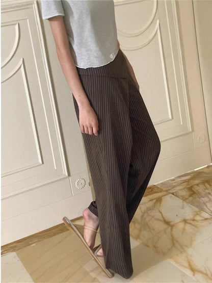 Women's Casual Striped Trousers - Loose Fit Lace Up Pants in Dark Brown - Buy Center US