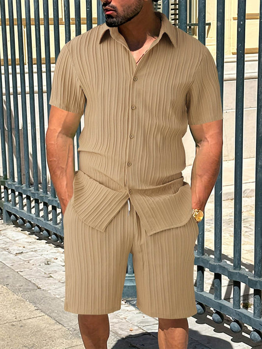 Men's Trendy Casual Short Sleeve 2pcs Set - Wave Texture Fabric - Buy Center US