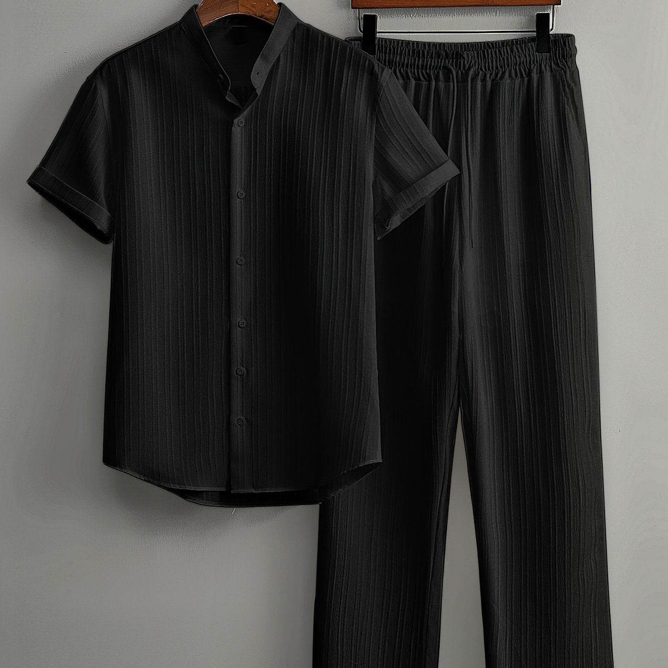 Men's Summer Striped Suit Set - Short Sleeve Shirt & Drawstring Pants - Buy Center US