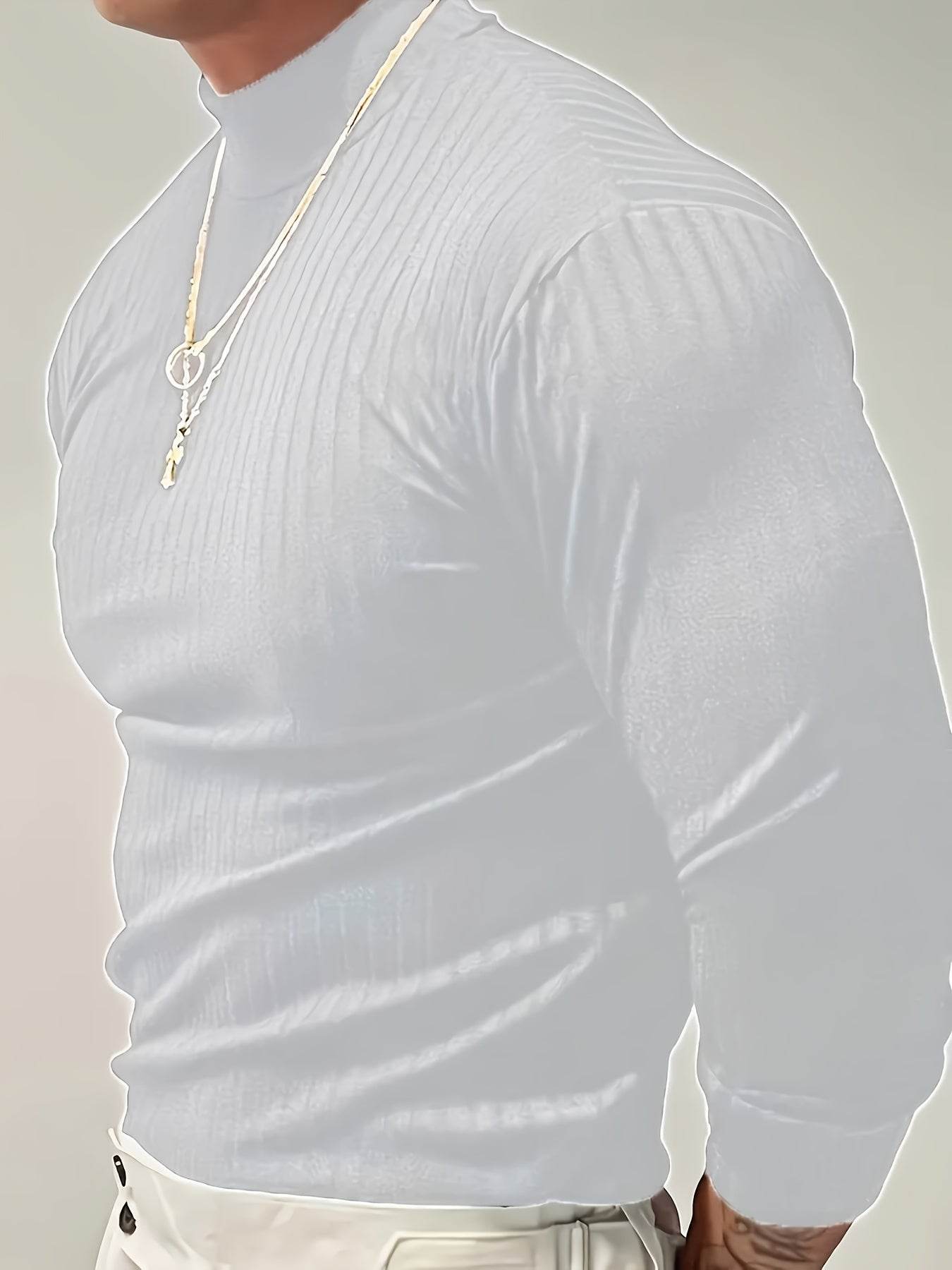Solid Stripe Knit Turtle Neck T-shirt - Comfy Long Sleeve for Men's Fitness - Buy Center US
