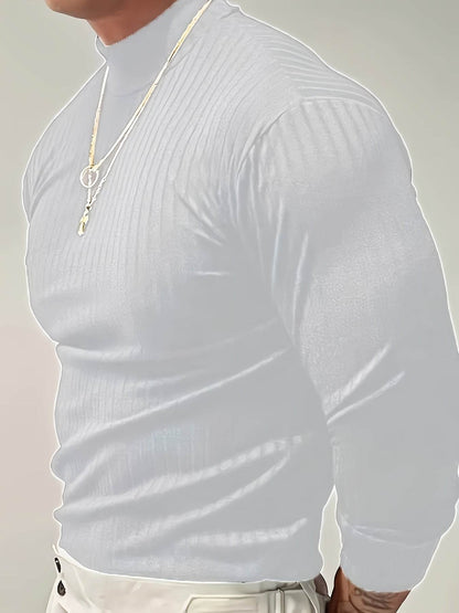 Solid Stripe Knit Turtle Neck T-shirt - Comfy Long Sleeve for Men's Fitness - Buy Center US