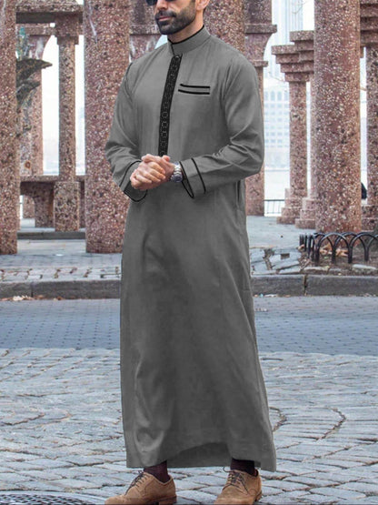 Buycenter Men's Long Sleeve Casual Ethnic Robe - Embroidered Plaid Design - Buy Center US