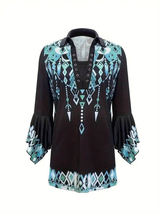 Spring Autumn Printed Lapel Green T-Shirt - Three-Quarter Sleeve Top - Buy Center US
