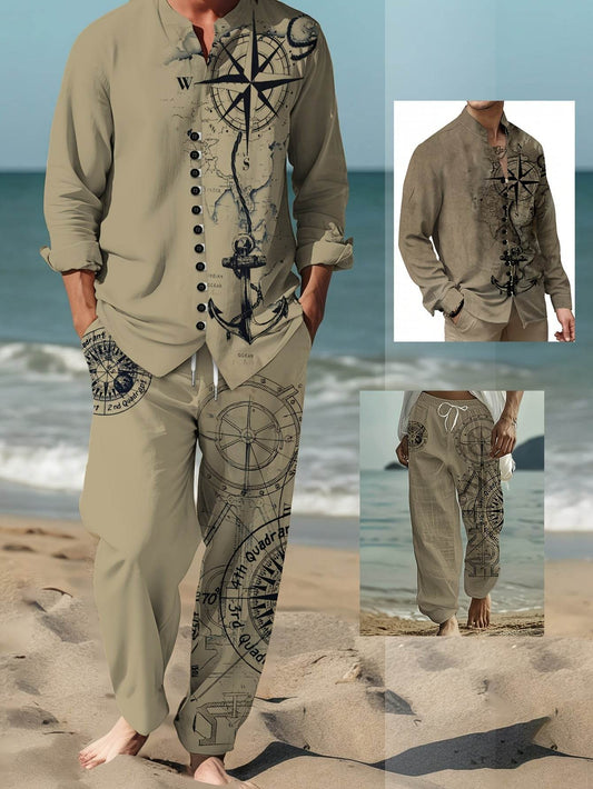 Men's Vintage Nautical Compass Casual Suit - Beige Polyester for All Seasons - Buy Center US