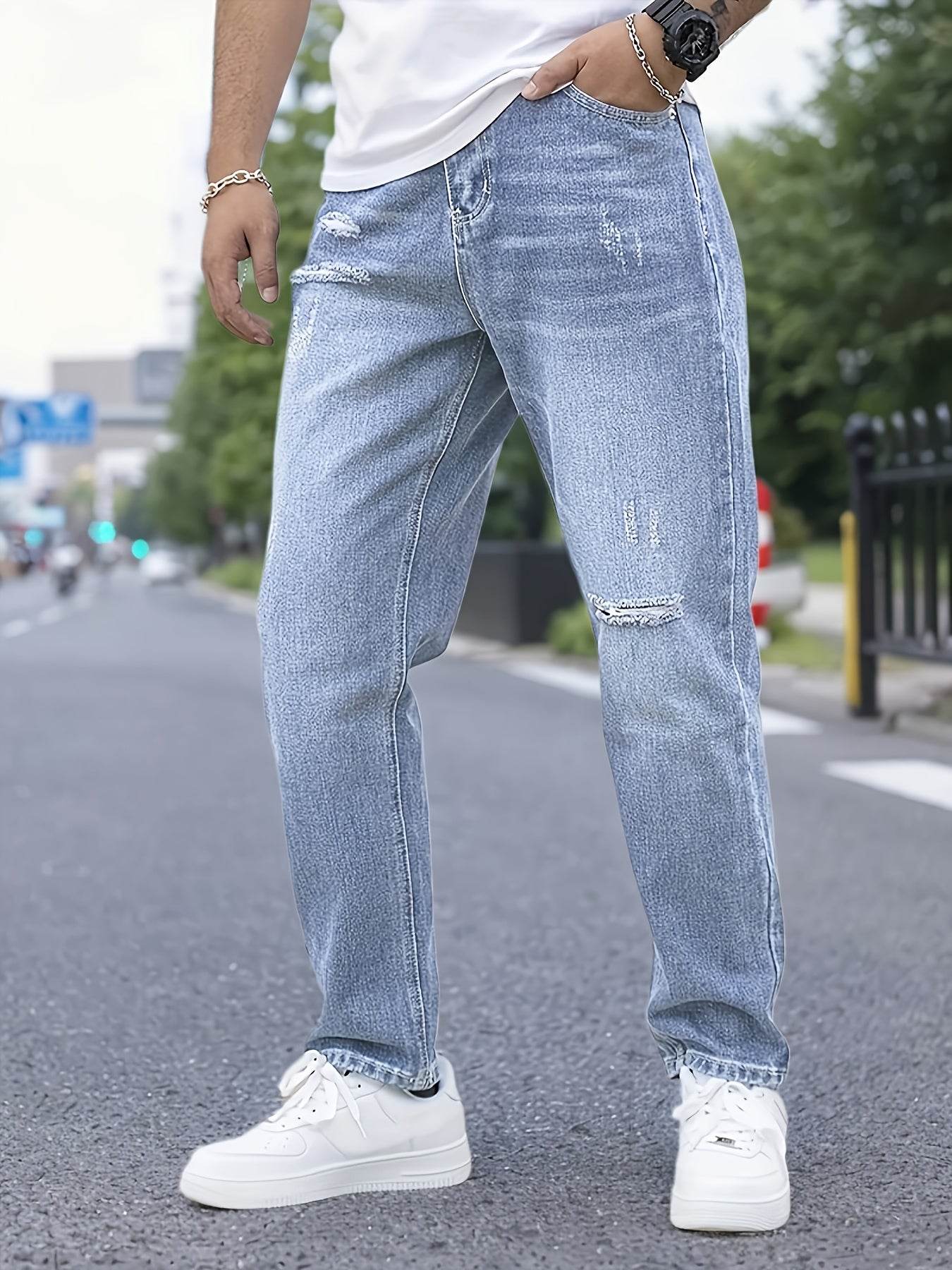 Men's Distressed Blue Jeans - Casual Loose Fit for All-Season Wear - Buy Center US