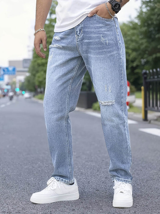 Men's Distressed Blue Jeans - Casual Loose Fit for All-Season Wear - Buy Center US