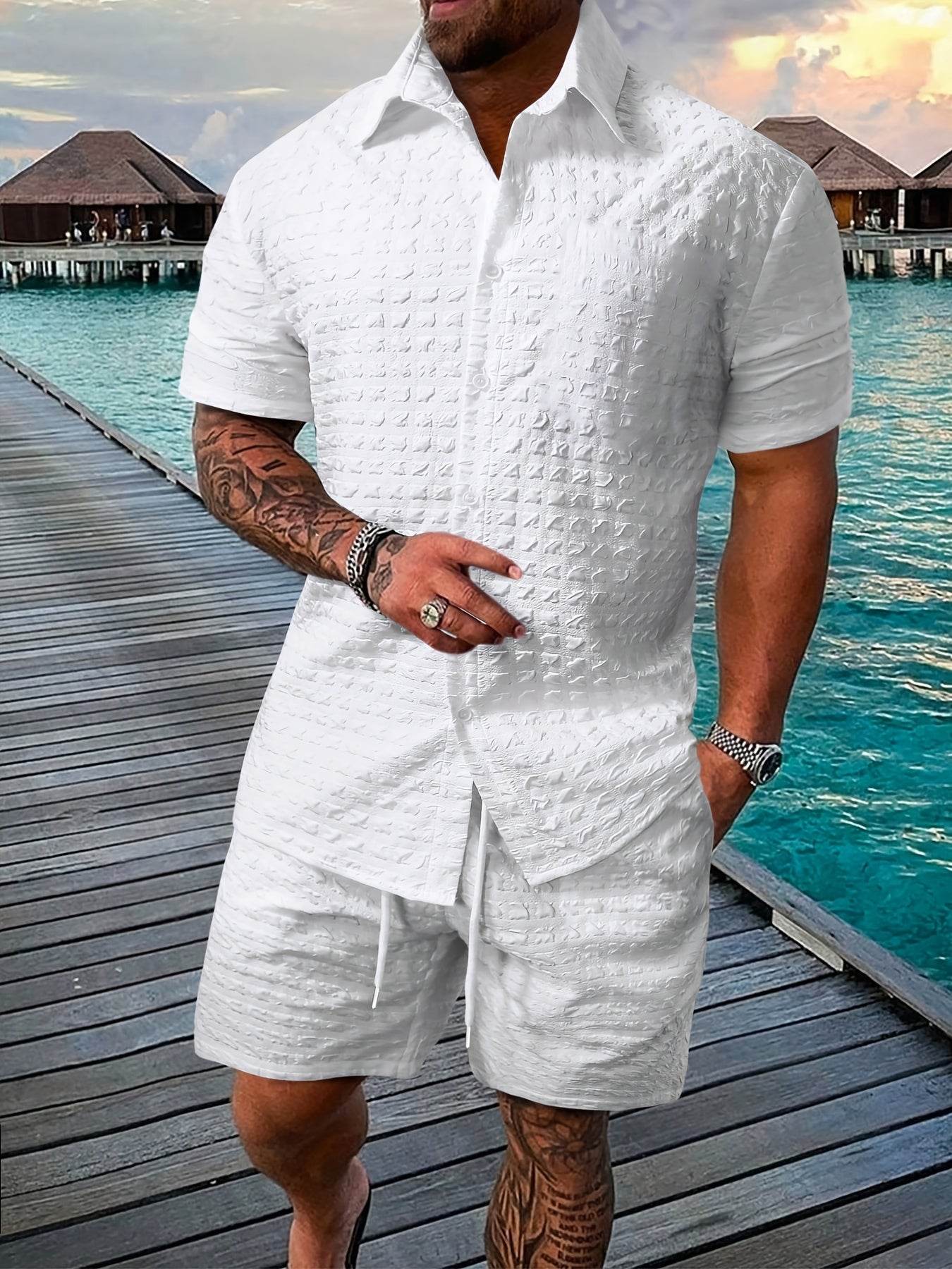 Casual Men's 2pcs Summer Suit - Checkered Short-Sleeve Shirt & Shorts - Buy Center US