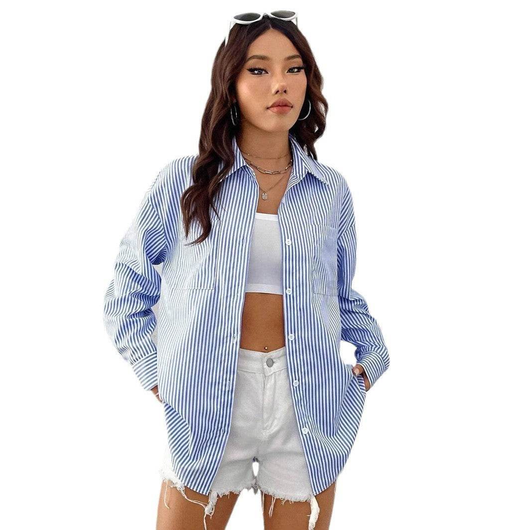 Striped Loose Casual Cardigan Top - Long Sleeve Shirt in Multiple Sizes - Buy Center US