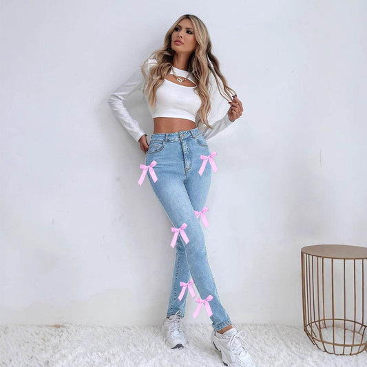 Women's Bow Stretch Jeans - Mid Waist Denim Leggings in Blue - Buy Center US