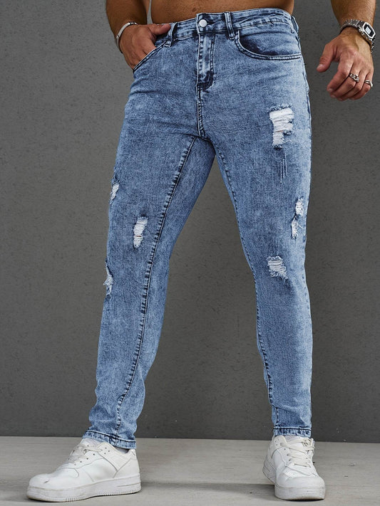 Men’s Slim Fit Distressed Jeans - Stretch Ripped Denim, Light Blue Casual Style - Buy Center US