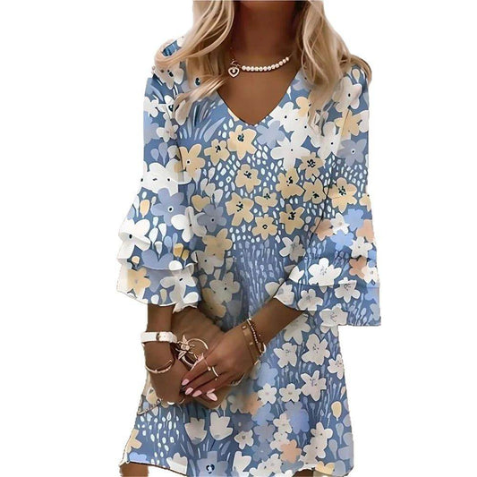 Summer Flared Sleeve Midi Dress - Elegant 3D Floral Print, V-Neck Design - Buy Center US