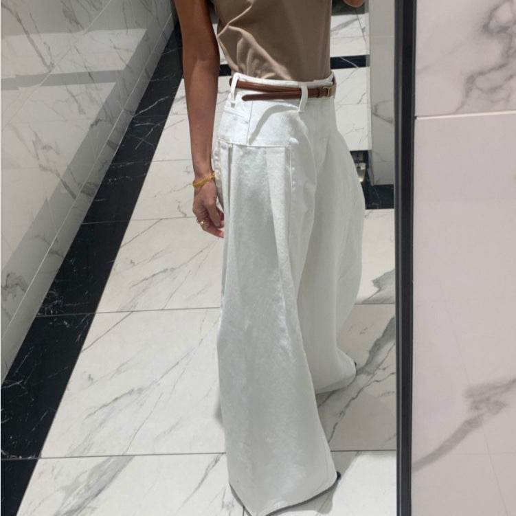 Women's High Waist Pleated Wide-Leg Jeans - Korean Style, Blue or White - Buy Center US