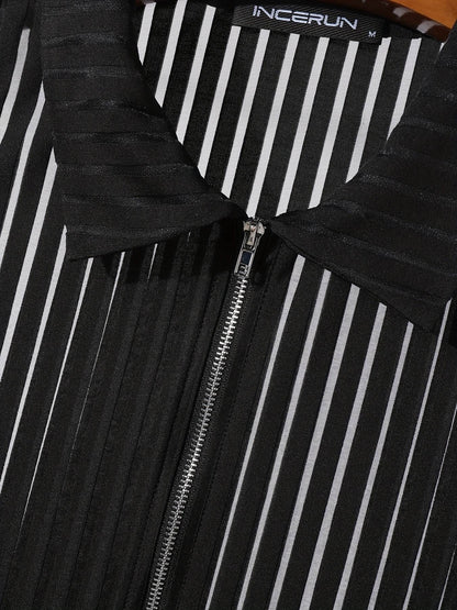 INCERUN Men's Sheer Striped Tank Top - Sexy Zipper Vest for Summer Fun - Buy Center US