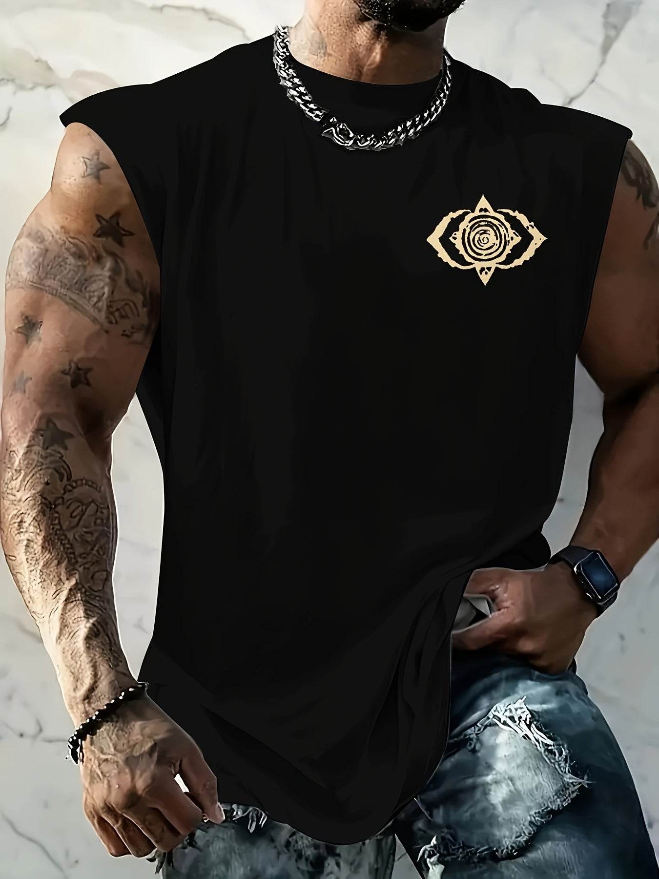 Men's Vintage Patterned Sleeveless Top - Casual Crew Neck Design - Buy Center US