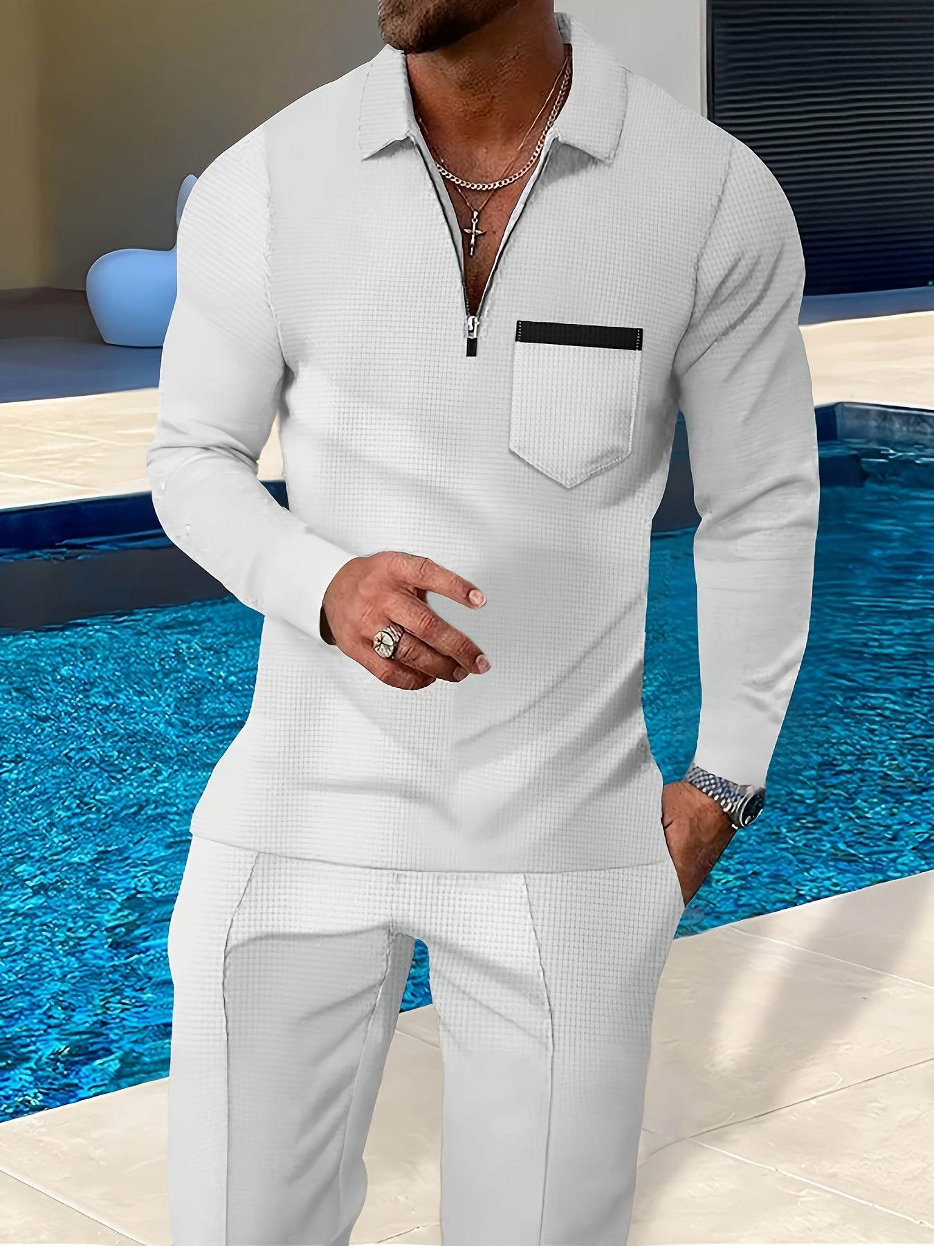 Men's Casual Long-Sleeve Pantsuit - Zipper Detail, Regular Fit, Polyester - Buy Center US