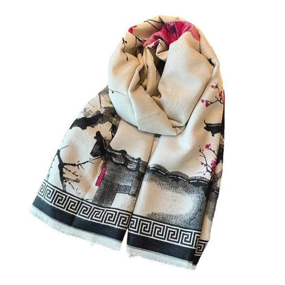 Chinese Aesthetic Ink Painting Shawl - Warm Cotton Scarf for Winter - Buy Center US