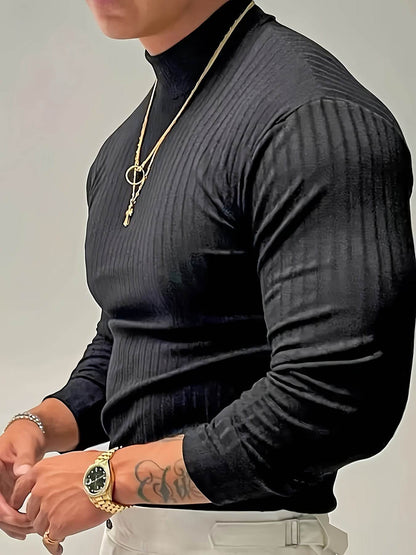 Solid Stripe Knit Turtle Neck T-shirt - Comfy Long Sleeve for Men's Fitness - Buy Center US