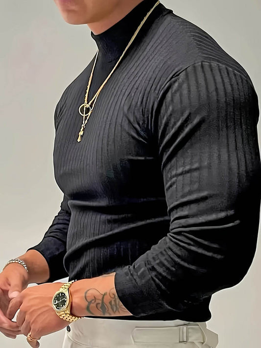 Solid Stripe Knit Turtle Neck T-shirt - Comfy Long Sleeve for Men's Fitness - Buy Center US