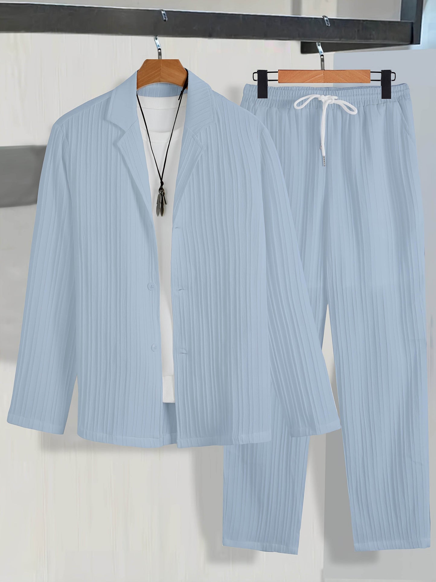 Men's Casual Suit Set - Long Sleeve Shirt & Drawstring Trousers - Buy Center US