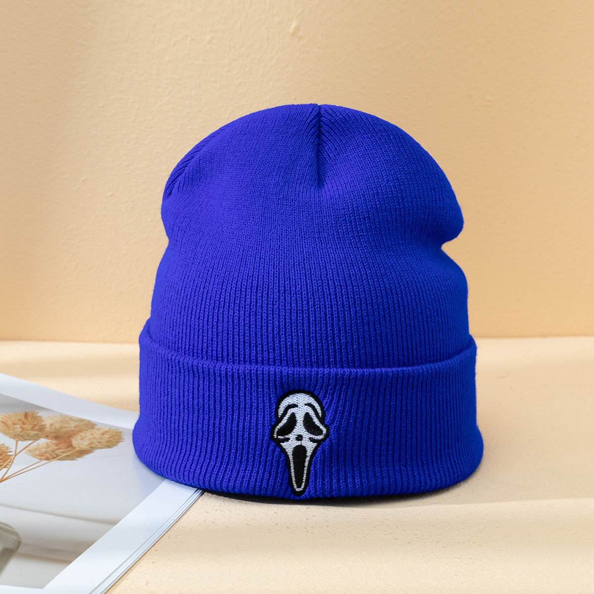 Buycenter Dark Embroidered Ghost Face Knitted Hat - Stylish Winter Accessory - Buy Center US