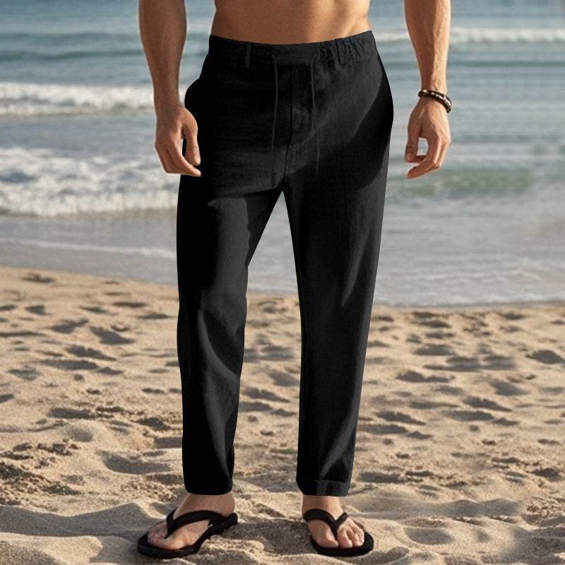 Men's Casual Solid Color Cotton Linen Trousers - Drawstring & Straight-Leg - Buy Center US