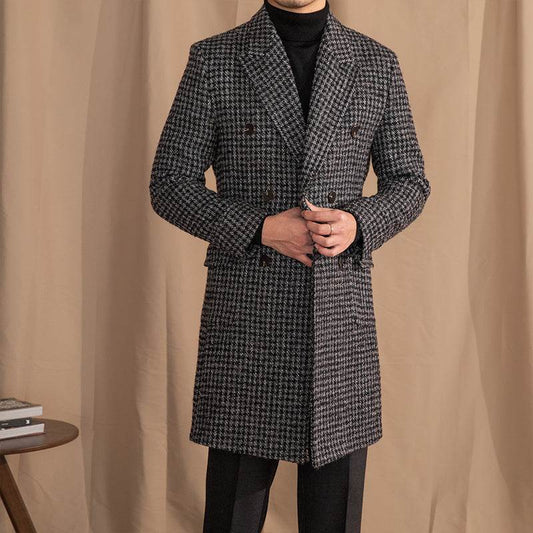 Buycenter Mid-Length Houndstooth Coat - Stylish Double Breasted Wool - Buy Center US