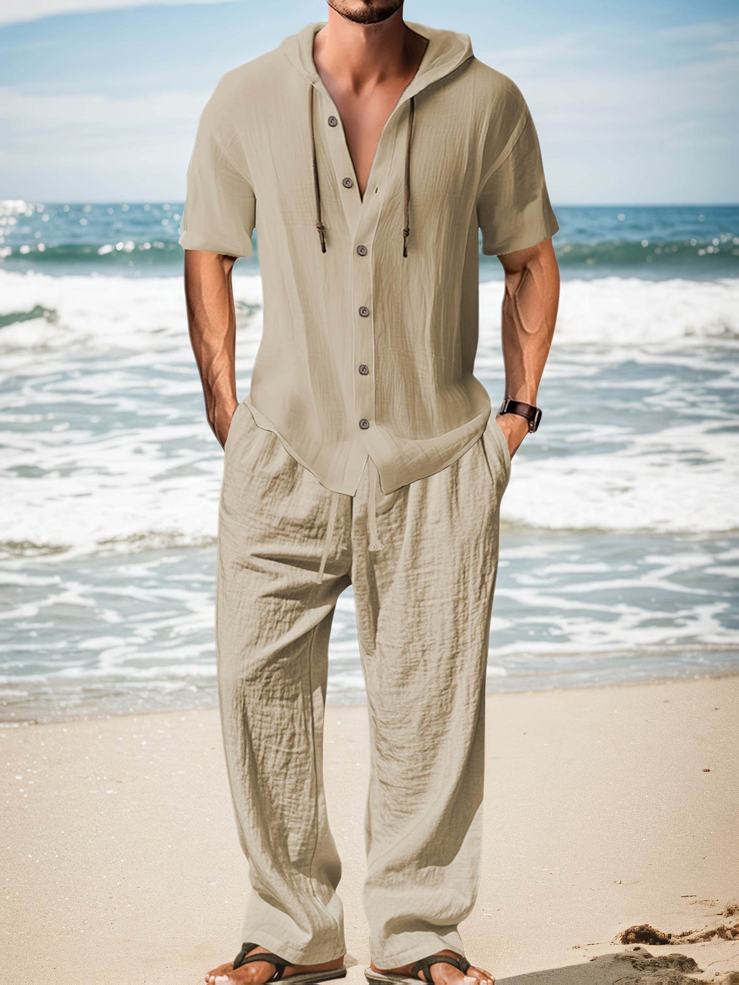 Men's Lightweight Linen Blend Hoodie & Pants Set - Quick-Dry, Regular Fit - Buy Center US