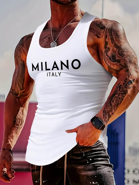 MBDMBD Men's Summer Tank Top - Sleek MILANO Italy Print, Crew Neck Fit - Buy Center US